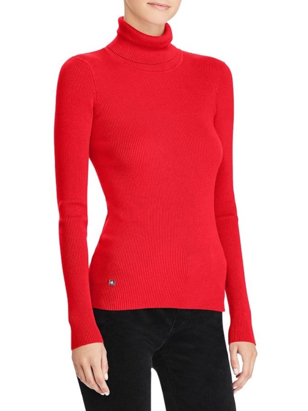 Lauren Ralph Lauren Red Ribbed Turtleneck Sweater Gold Logo Plaque Size L - Picture 9 of 9